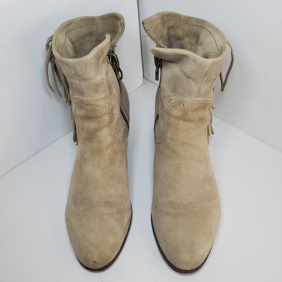 Sam Edelman Louie Western Ankle Boot Beige Fringe Stacked Heel Size 8 - Picture 9 of 16